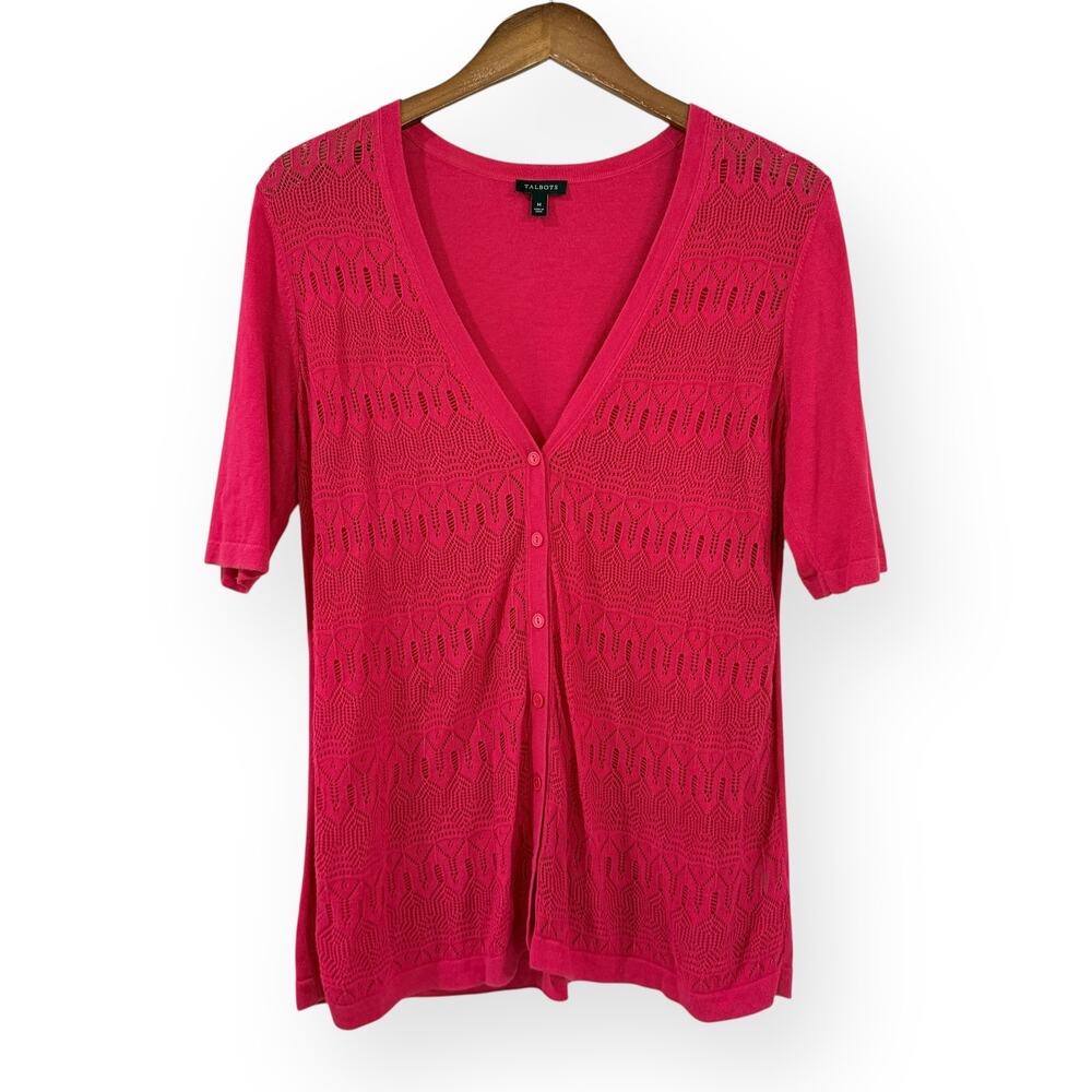 Talbots Berry Pink Crochet Cardigan M Short Sleeve Pointelle Knit Boho Coquette